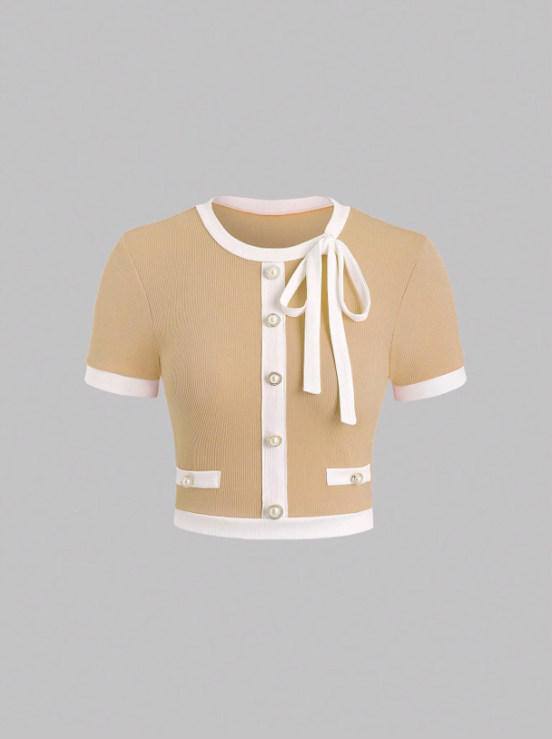 Women’s Contrast Color Slim Fit Graphic Tee – Button Detail Rib Knit Short Sleeve Casual T-Shirt in Pastel Shades