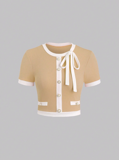 Women’s Contrast Color Slim Fit Graphic Tee – Button Detail Rib Knit Short Sleeve Casual T-Shirt in Pastel Shades