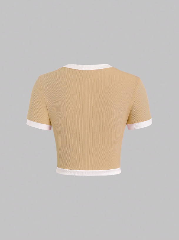 Women’s Contrast Color Slim Fit Graphic Tee – Button Detail Rib Knit Short Sleeve Casual T-Shirt in Pastel Shades