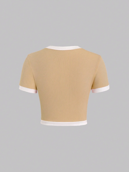 Women’s Contrast Color Slim Fit Graphic Tee – Button Detail Rib Knit Short Sleeve Casual T-Shirt in Pastel Shades