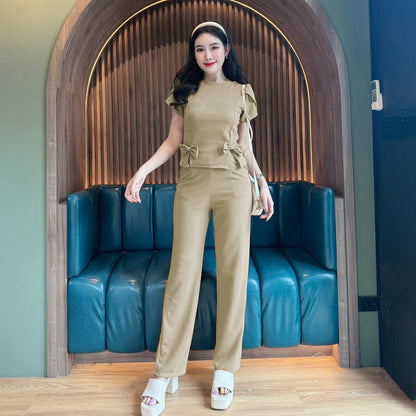 Wool Wave Co-ord Set with Rose Sleeve Bow Top & Wide-Leg Pants | Trendy Two-Piece Outfit