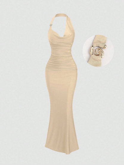 Khaki spaghetti strap belted long dress with a slim fit vintage silhouette and adjustable straps for women by Fashzeo.