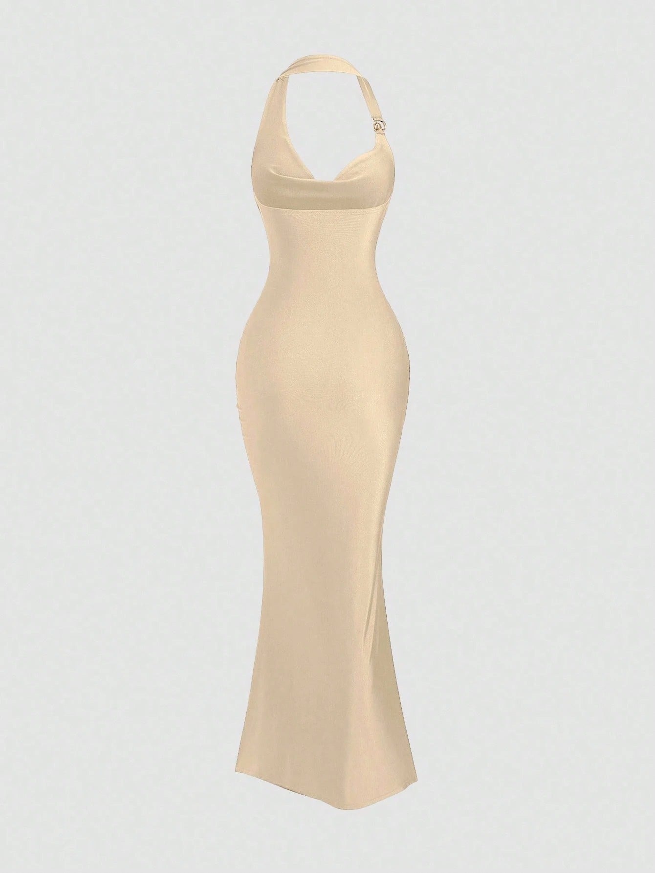 Khaki spaghetti strap belted long dress with a slim fit vintage silhouette and adjustable straps for women by Fashzeo.