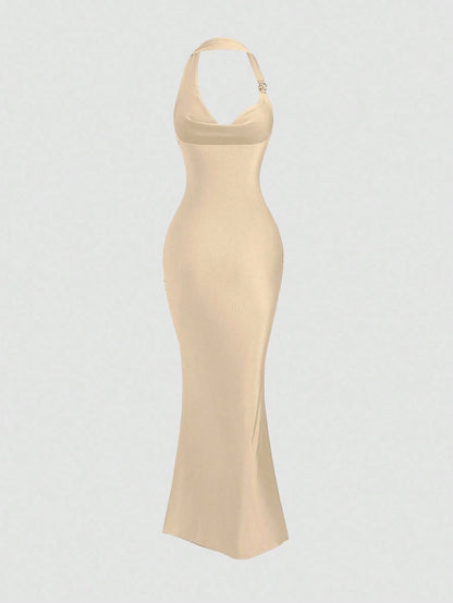 Khaki spaghetti strap belted long dress with a slim fit vintage silhouette and adjustable straps for women by Fashzeo.