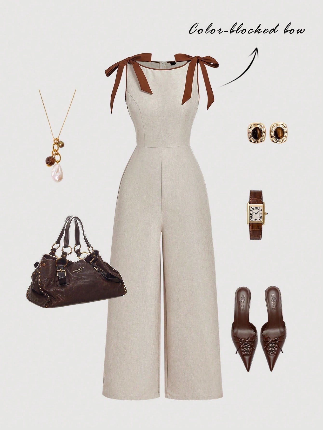 Khaki wide-leg sleeveless jumpsuit featuring contrast brown shoulder bow ties and trim laid flat against a neutral background