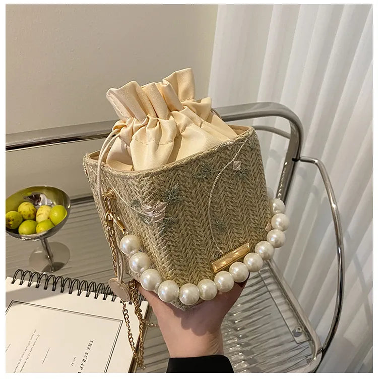 Mini Acrylic Pleated Drawstring Bag – Trendy Pearl Decor Handbag | Geometric Box Clutch