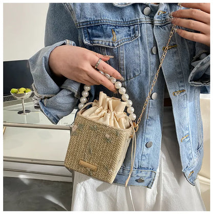 Mini Acrylic Pleated Drawstring Bag – Trendy Pearl Decor Handbag | Geometric Box Clutch