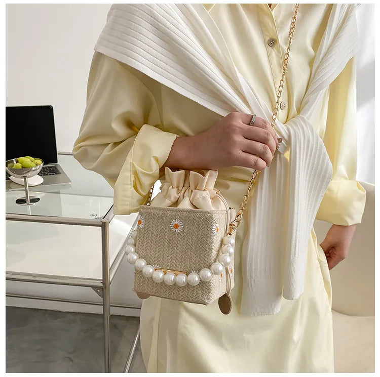 Mini Acrylic Pleated Drawstring Bag – Trendy Pearl Decor Handbag | Geometric Box Clutch