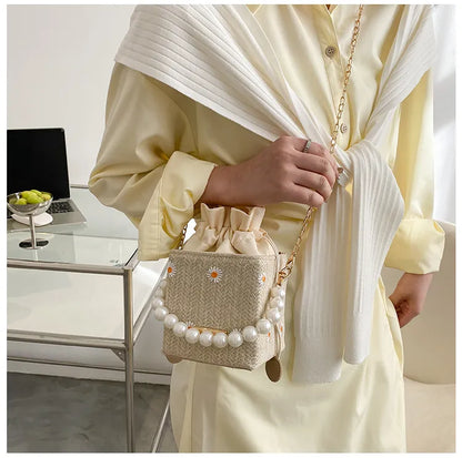 Mini Acrylic Pleated Drawstring Bag – Trendy Pearl Decor Handbag | Geometric Box Clutch