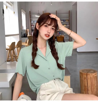Women's Summer Chiffon Short-Sleeve Shirt with Button-Down Design | Casual Lightweight Blouse