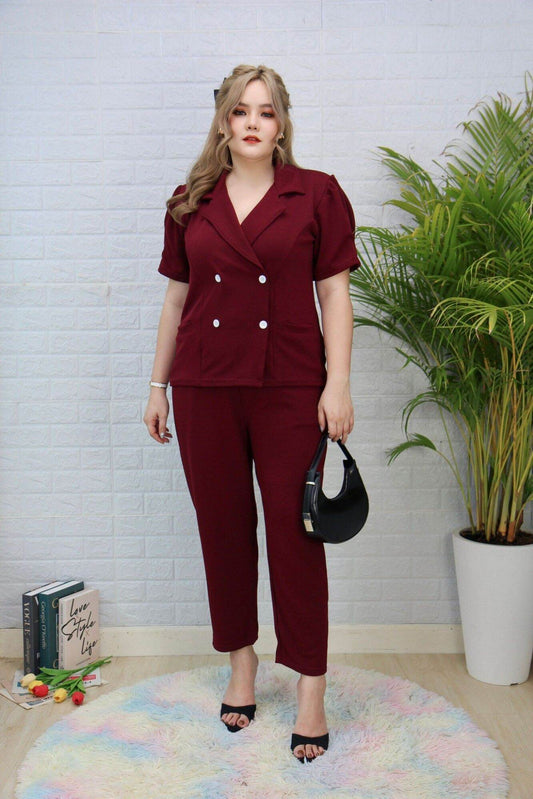 Plus Size Co-ord Set | 4-Button Blazer Top & Wool Pants | Elegant Two-Piece