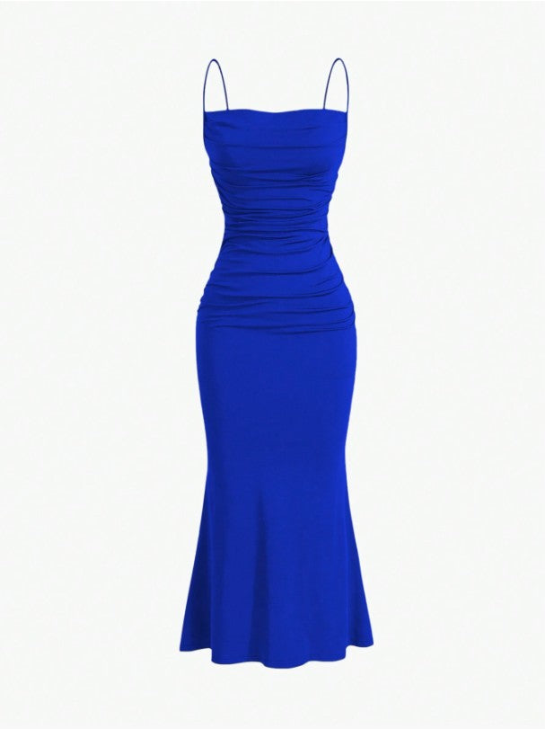 Elegant Pleated Mermaid Cami Maxi Dress – Ruched Backless Slip Dress for Evening & Parties