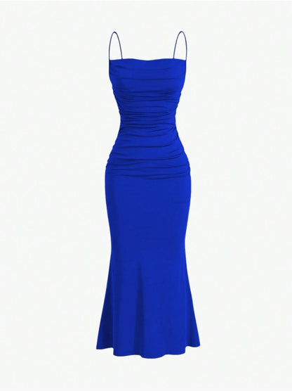 Elegant Pleated Mermaid Cami Maxi Dress – Ruched Backless Slip Dress for Evening & Parties