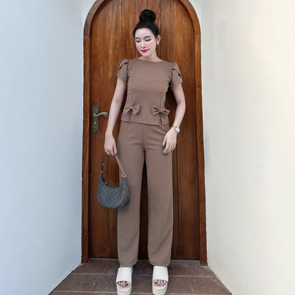 Wool Wave Co-ord Set with Rose Sleeve Bow Top & Wide-Leg Pants | Trendy Two-Piece Outfit