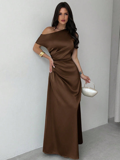 Model wearing the Fashzeo brown satin one-shoulder maxi gown with ruched detailing
