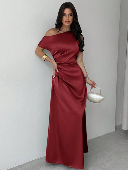 Model wearing the Fashzeo burgundy satin one-shoulder maxi gown with ruched detailing