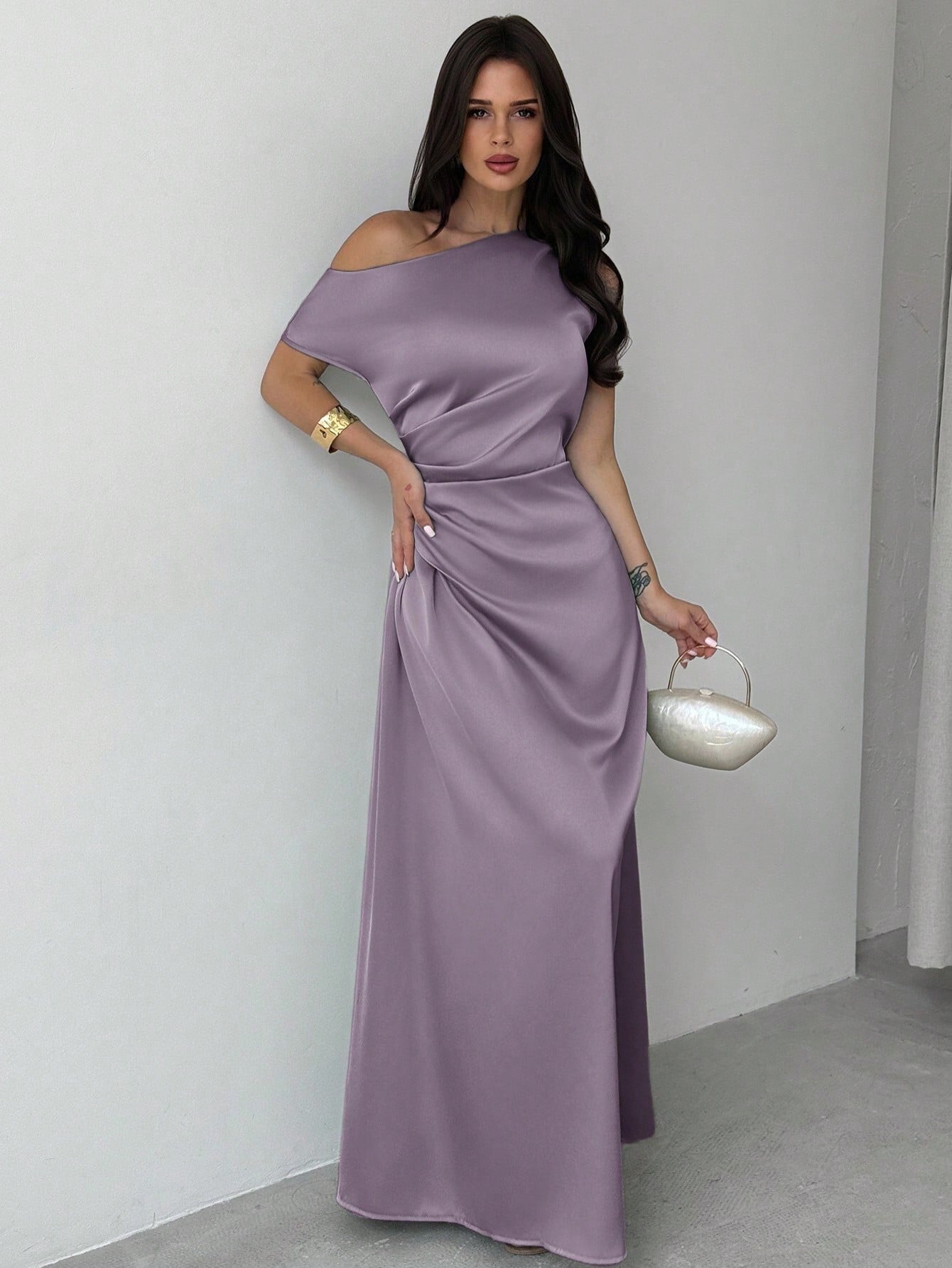 Model wearing the Fashzeo dusty purple satin one-shoulder maxi gown with ruched detailing