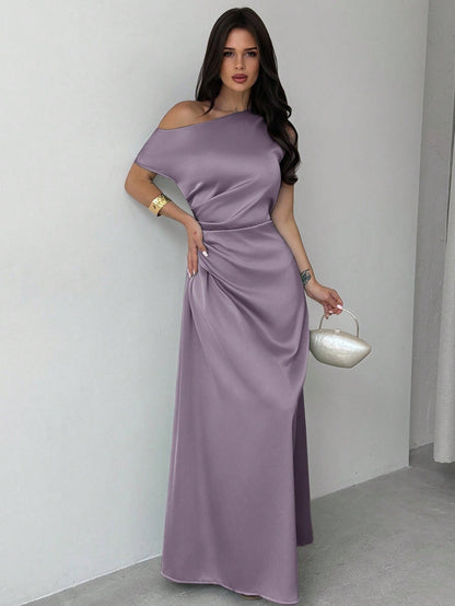 Model wearing the Fashzeo dusty purple satin one-shoulder maxi gown with ruched detailing