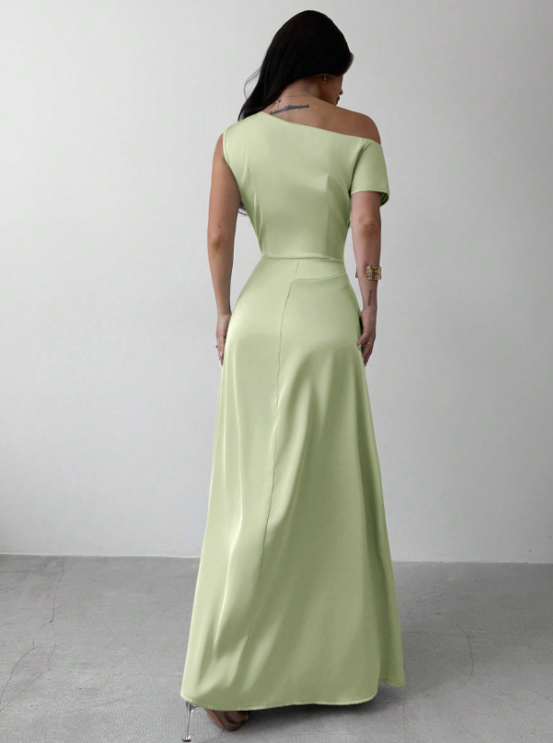 Model wearing the Fashzeo green satin one-shoulder maxi gown with ruched detailing