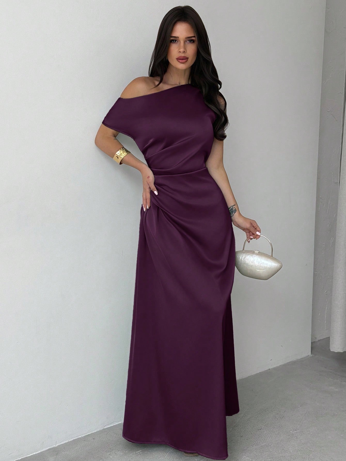 Model wearing the Fashzeo purple satin one-shoulder maxi gown with ruched detailing