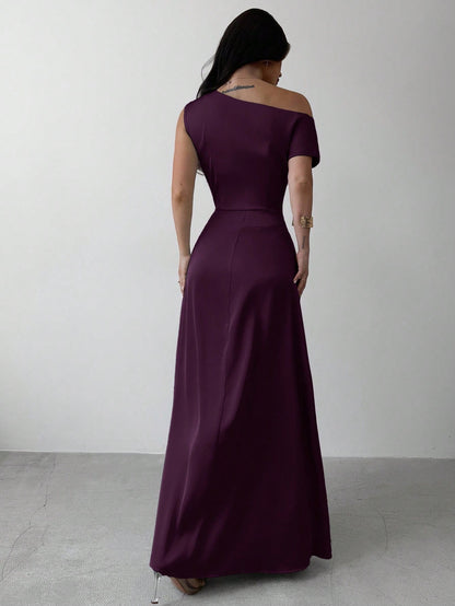 Model wearing the Fashzeo purple satin one-shoulder maxi gown with ruched detailing