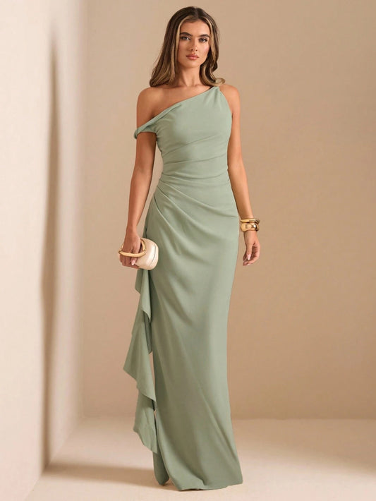 Model wearing the Fashzeo sage green asymmetric one-shoulder maxi gown with high-leg slit