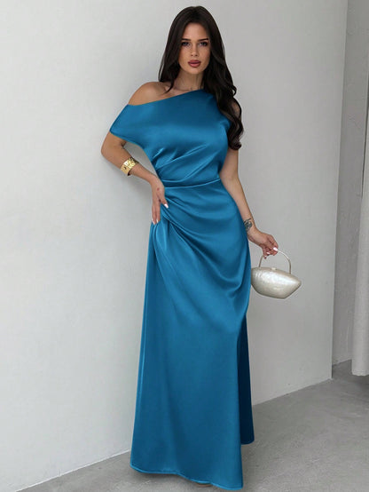 Model wearing the Fashzeo teal blue satin one-shoulder maxi gown with ruched detailing