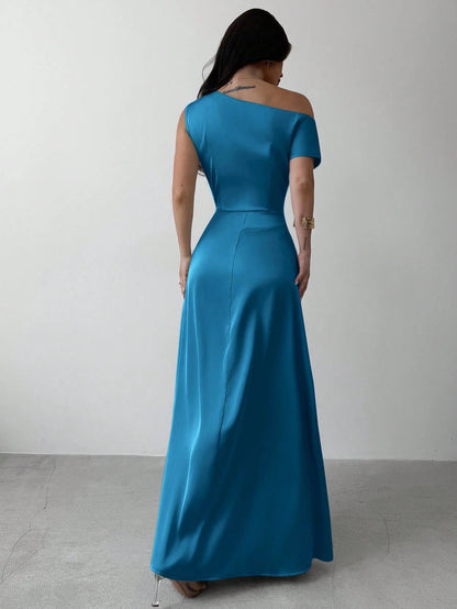 Model wearing the Fashzeo teal blue satin one-shoulder maxi gown with ruched detailing