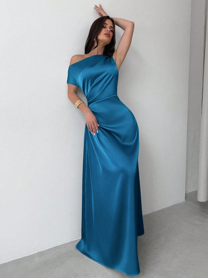 Model wearing the Fashzeo teal blue satin one-shoulder maxi gown with ruched detailing