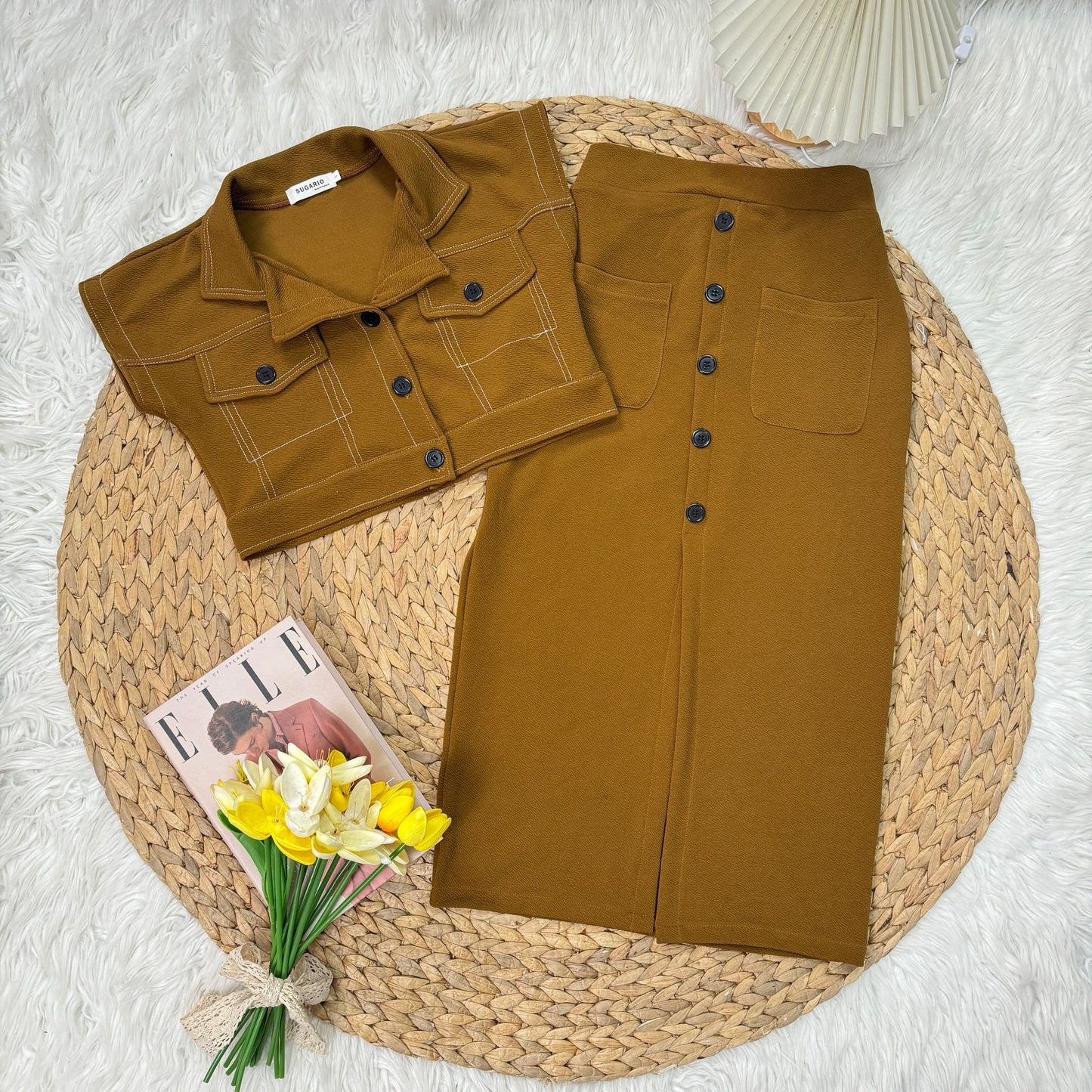 Wool Wave Skirt Co-ord Set with Button-Down Crop Top & Front Slit | Trendy Two-Piece Outfit