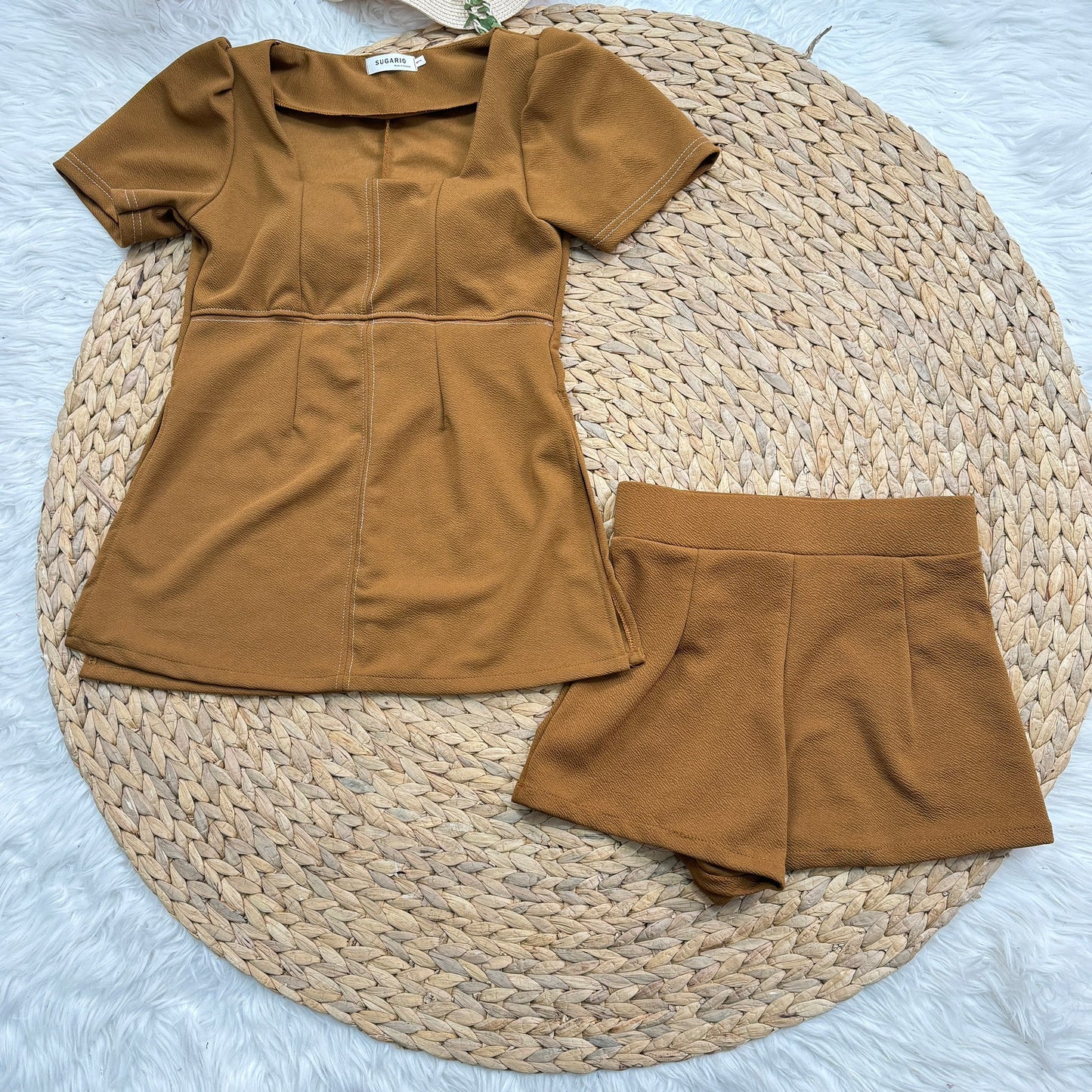 Trendy Wool Wave Fabric Set - Square Neck Side Slit Top & Matching Pants