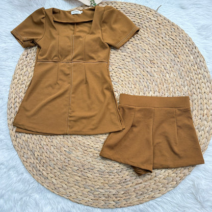 Trendy Wool Wave Fabric Set - Square Neck Side Slit Top & Matching Pants