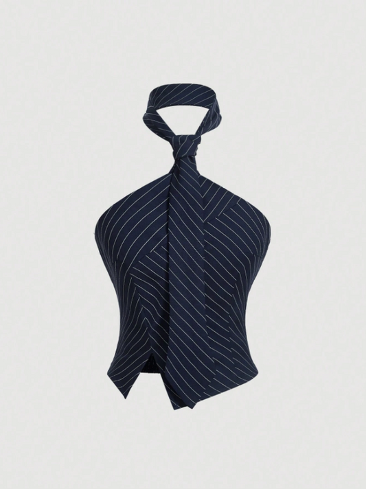 Striped & Leopard Halter Neck Slit Top – Tie-Back Slim Fit Elegant Summer Blouse