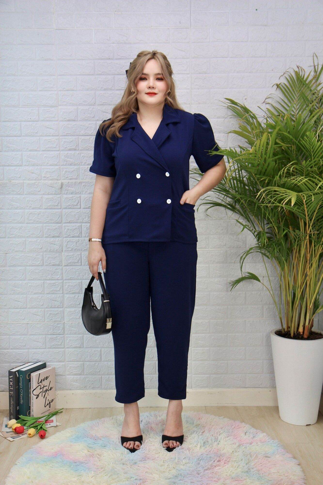 Plus Size Co-ord Set | 4-Button Blazer Top & Wool Pants | Elegant Two-Piece