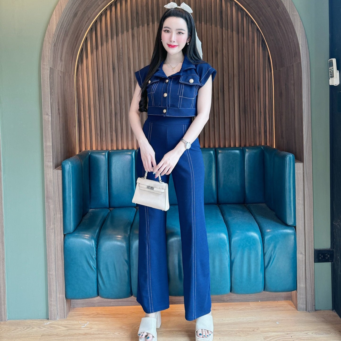 Stylish Wool Wave Co-ord Set with Collared Crop Top & High-Waisted Cuffed Pants | Trendy Two-Piece Set