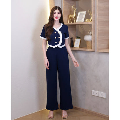 Chic Pearl-Button Wool Co-ord Set – Suit-Style Top & Tailored Pants with Pockets