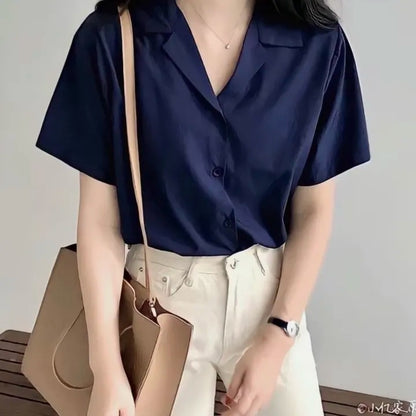 Women's Summer Chiffon Short-Sleeve Shirt with Button-Down Design | Casual Lightweight Blouse