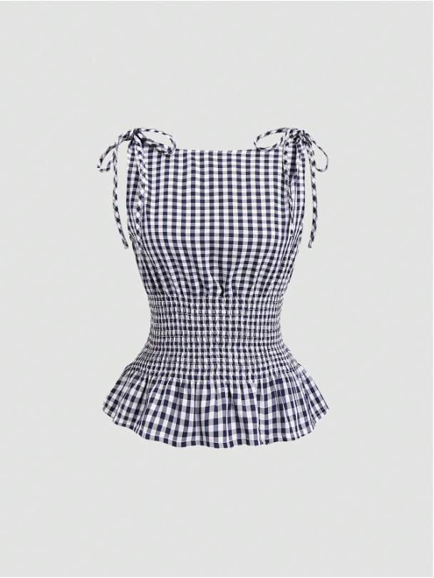 Women's Gingham Tie-Shoulder Slim Tank Top – Plaid Ruffle Hem Cami for Summer Commute & Casual Chic Looks