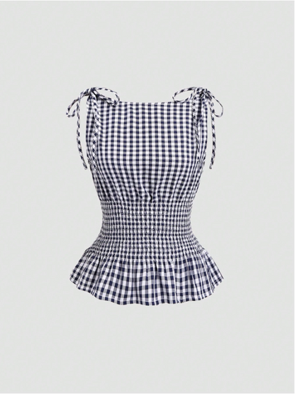 Women's Gingham Tie-Shoulder Slim Tank Top – Plaid Ruffle Hem Cami for Summer Commute & Casual Chic Looks