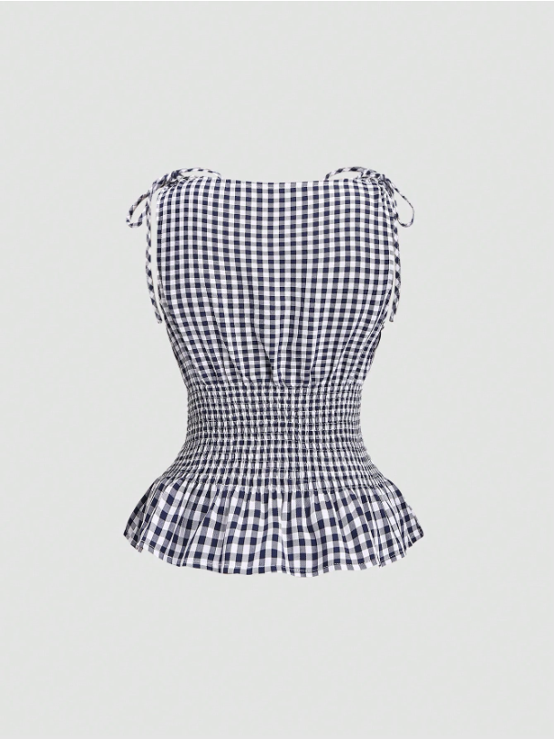 Women's Gingham Tie-Shoulder Slim Tank Top – Plaid Ruffle Hem Cami for Summer Commute & Casual Chic Looks