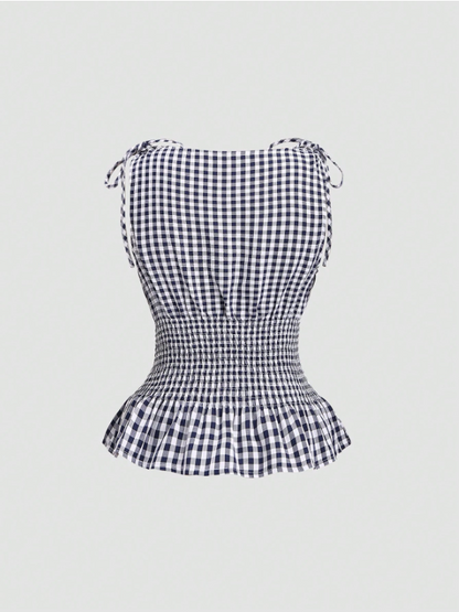 Women's Gingham Tie-Shoulder Slim Tank Top – Plaid Ruffle Hem Cami for Summer Commute & Casual Chic Looks