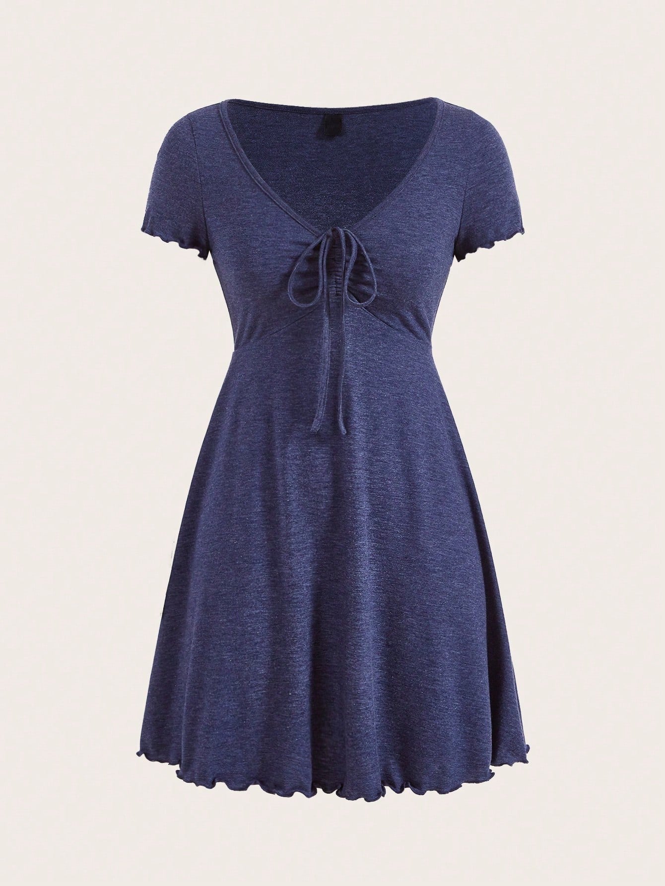 Navy Blue Knot Front Lettuce Trim Mini Dress | V-Neck Half Sleeve