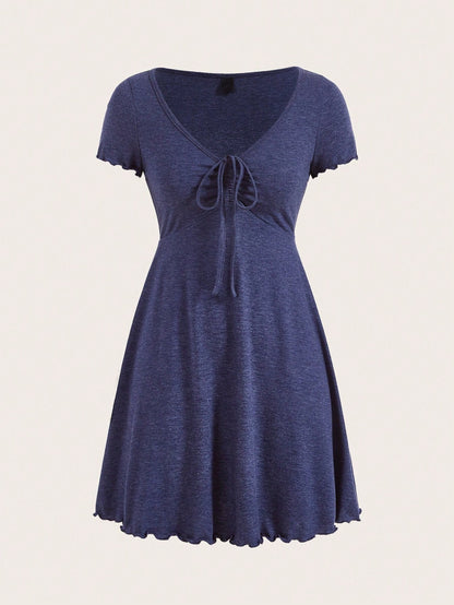 Navy Blue Knot Front Lettuce Trim Mini Dress | V-Neck Half Sleeve