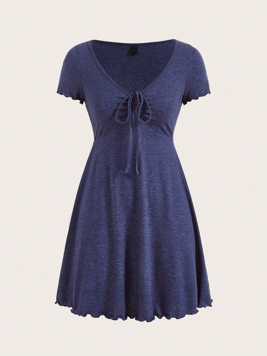 Navy Blue Knot Front Lettuce Trim Mini Dress | V-Neck Half Sleeve