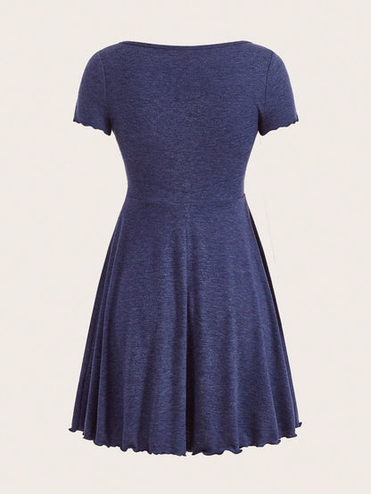 Navy Blue Knot Front Lettuce Trim Mini Dress | V-Neck Half Sleeve1
