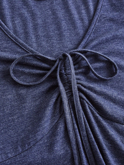 Navy Blue Knot Front Lettuce Trim Mini Dress | V-Neck Half Sleeve3