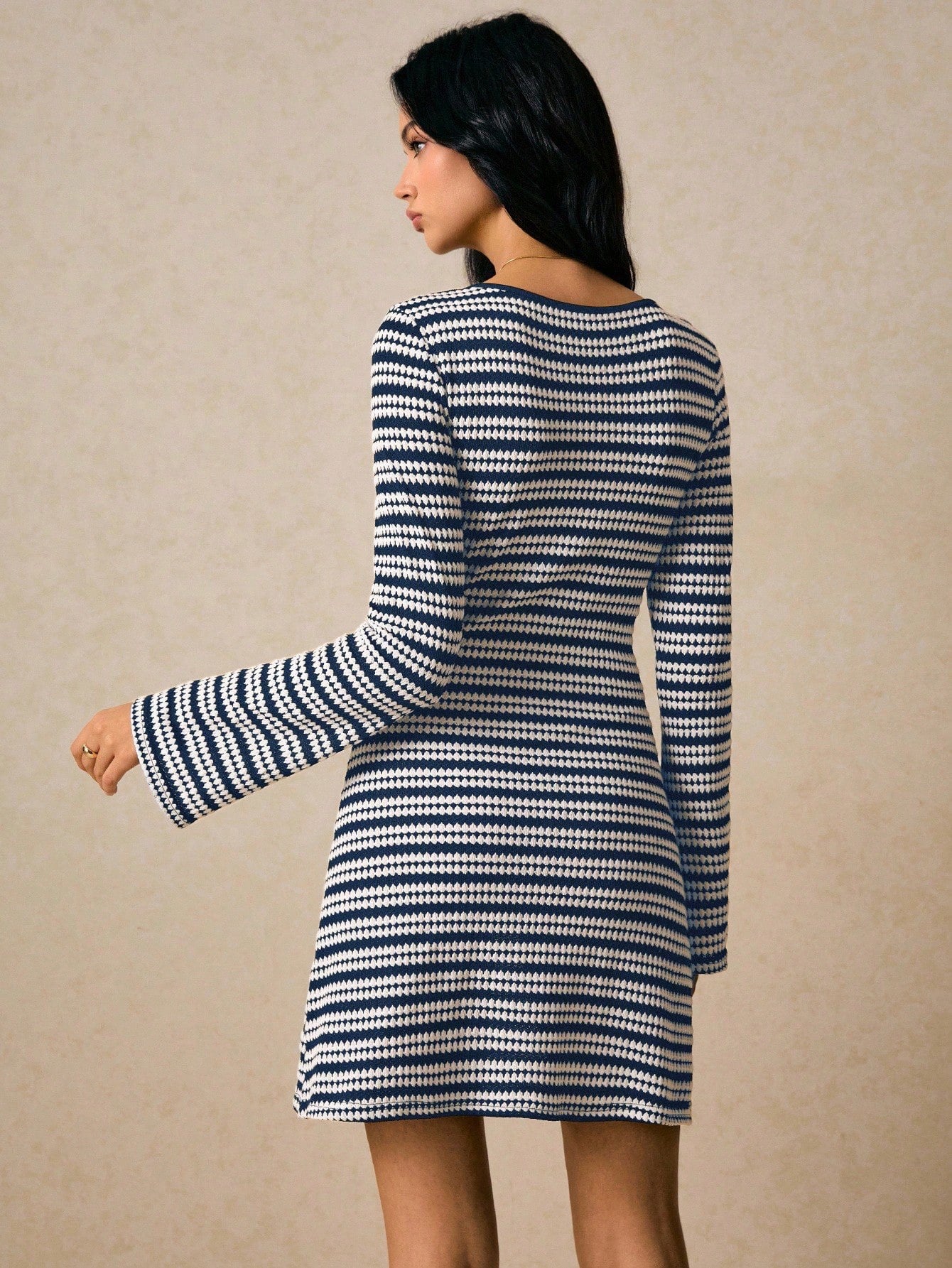 Navy Blue Striped Knitted Mini Dress | Long Sleeve Round Neck1