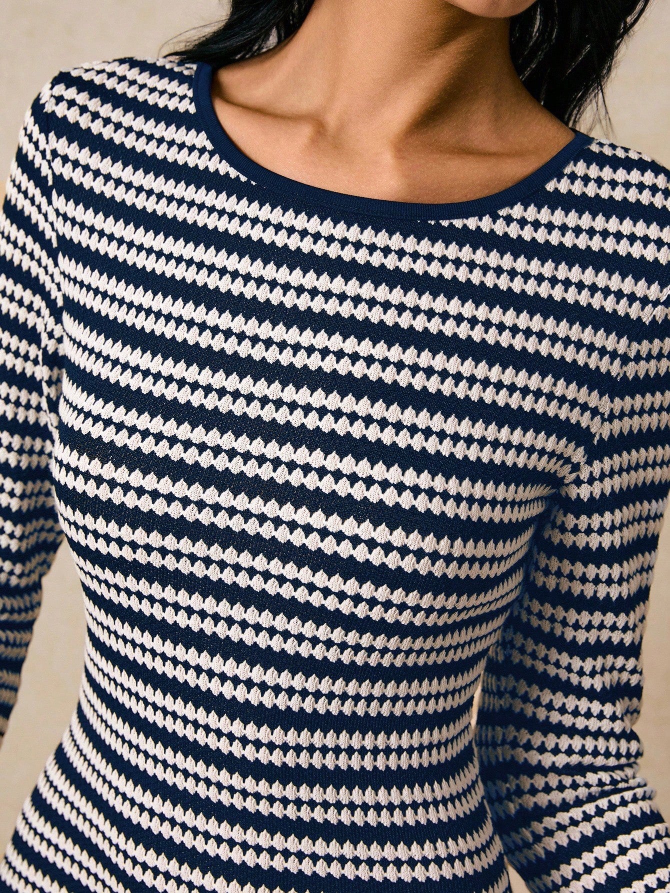 Navy Blue Striped Knitted Mini Dress | Long Sleeve Round Neck3