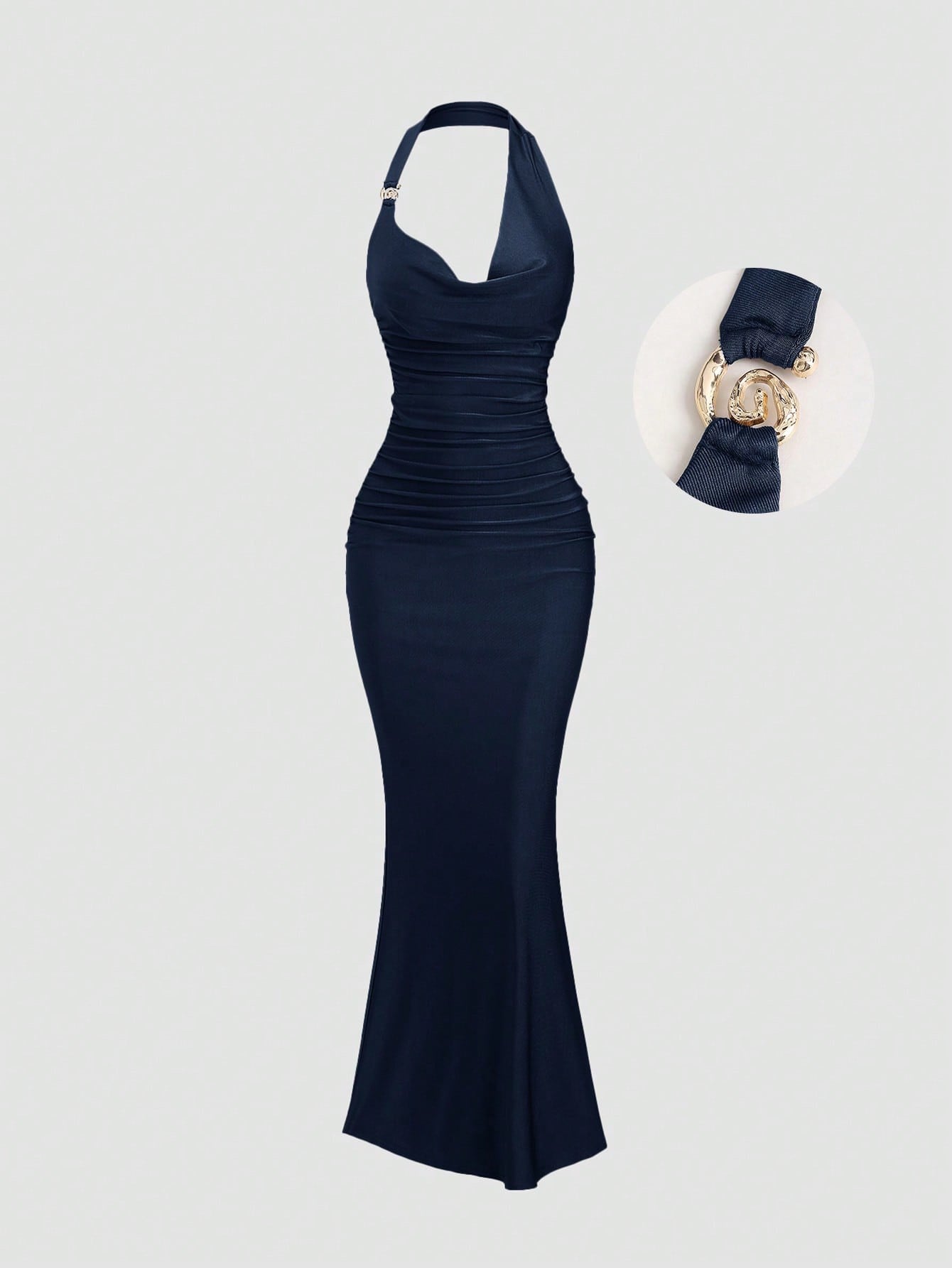 Navy Blue spaghetti strap belted long dress with a slim fit vintage silhouette and adjustable straps for women by Fashzeo.