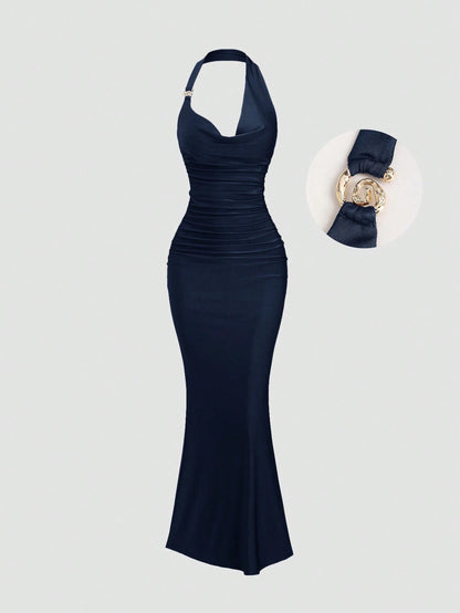 Navy Blue spaghetti strap belted long dress with a slim fit vintage silhouette and adjustable straps for women by Fashzeo.